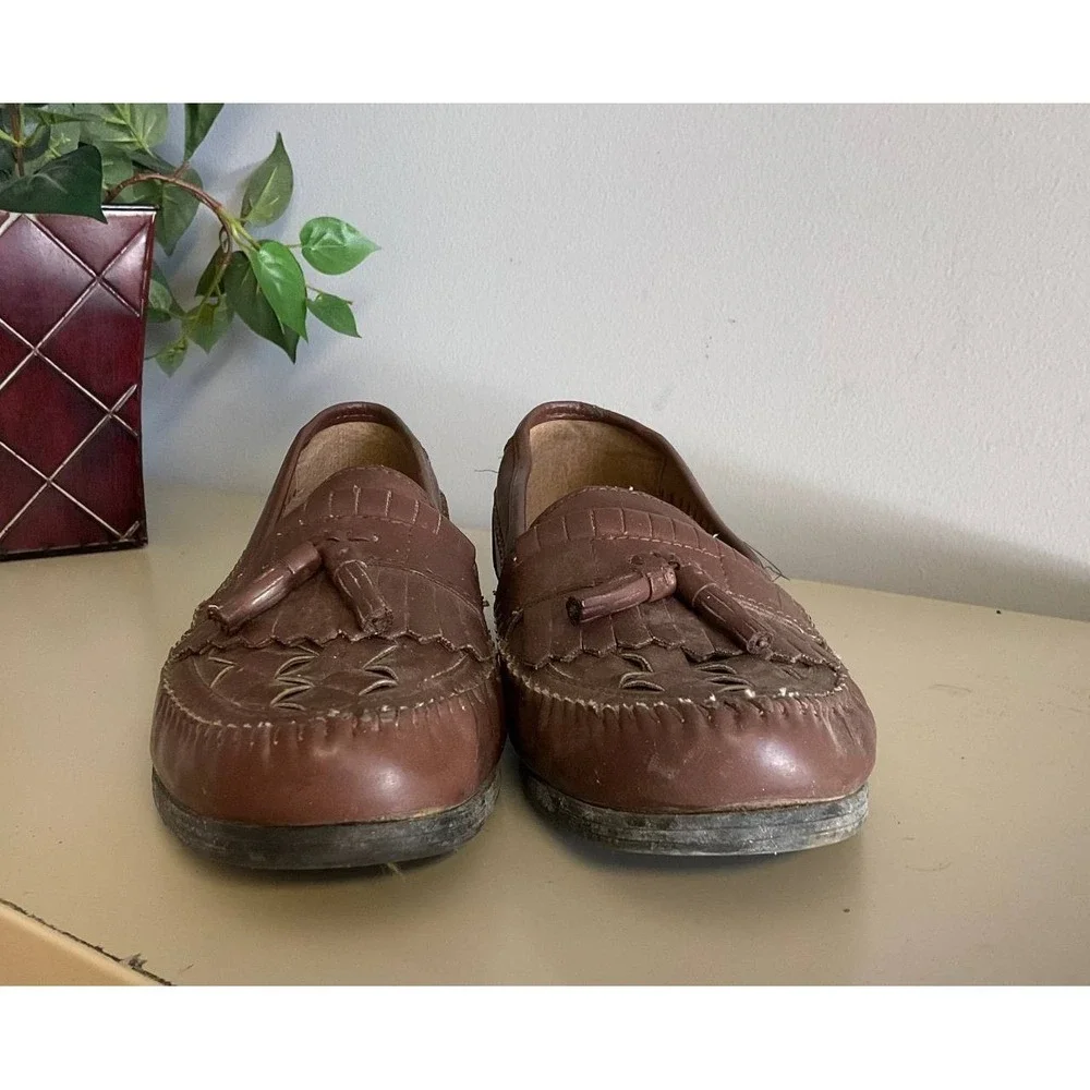 George Mens Loafers Casual‎ Shoes Size 8 Brown Faux Leather Woven Tassel Slip On